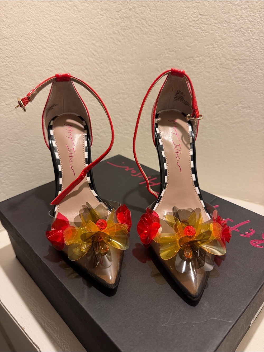 Betsey Johnson Red Pointed-Toe Heels with Floral Accents
